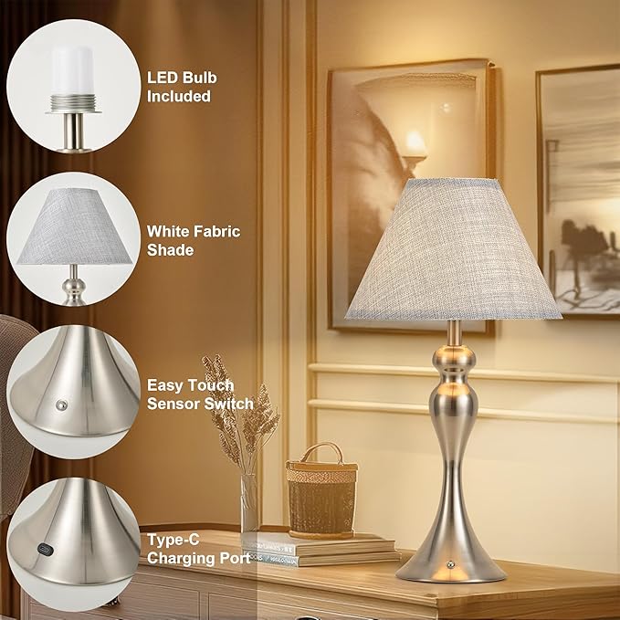 Rechargeable Cordless Table Lamps, Battery Operated Lamp with Fabric Shade for Decor, 3 Color Stepless Dimming LED Table Light, Nightstand Lamp for Nursery, Bedroom, Living Room, Home Office (Nickel)