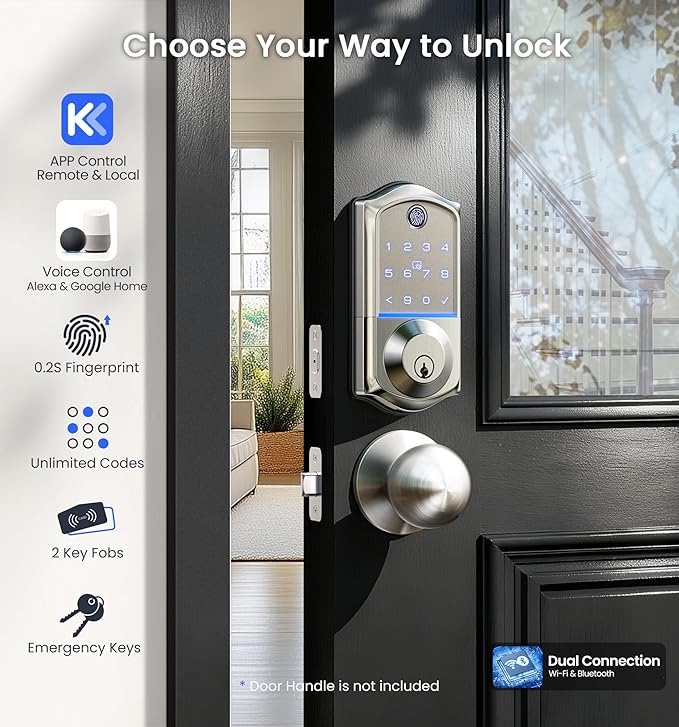 Veise VE017G Wi-Fi Keyless Entry Door Lock, App Remote & Voice Control, Fingerprint Smart Locks for Front Door, Touchscreen Electronic Keypad Deadbolt, Auto Lock, Emergency Power Port, Satin Nickel