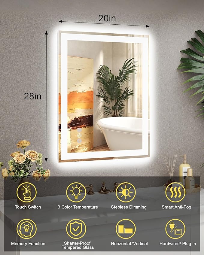 20x28 LED Bathroom Mirror with Lights, Super Bright Front & Backlit Vanity Mirror for Wall, Anti-Fog & Memory Smart Mirror, 5mm Shatter-Proof Tempered Glass, ETL Listed, Vertical/Horizontal