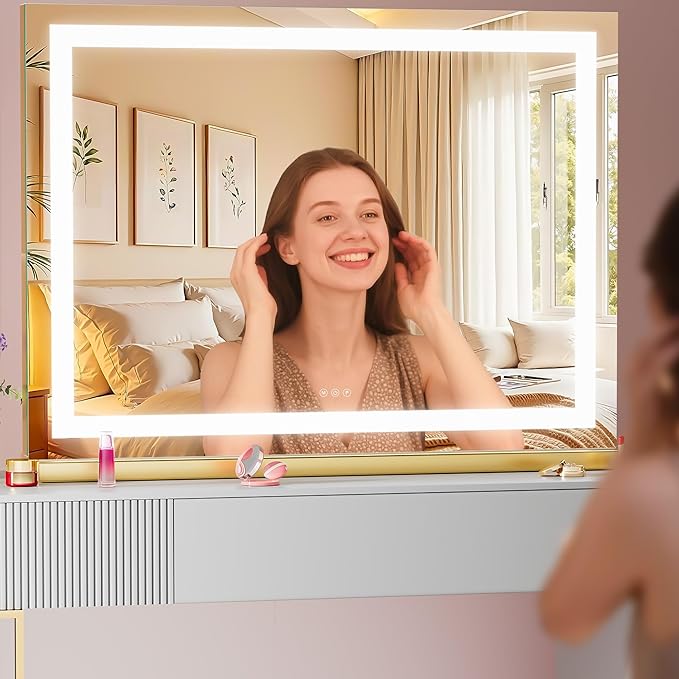 Vanity Mirror with Lights, 23" x 18" LED Makeup Mirror with 10X Magnification, Dimmable 3 Modes, Memory Function, Smart Touch, USB Charging Port, Lighted Makeup Mirror Square Glod