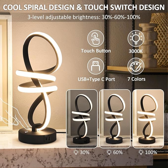 Modern LED Table Lamp, Spiral RGB Table Lamp, Touch Dimmable LED Nightstand Lamp with USB/Type C, 7 Colors & 10 Light Modes Bedside Lamp for Bedroom, Living Room, Office, Cool Lamps for Ideal Gift
