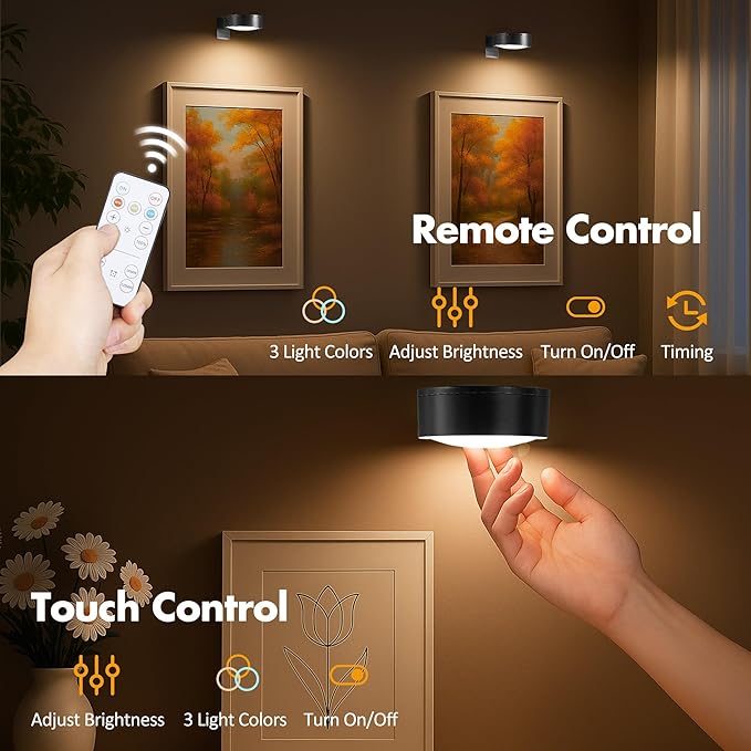 3Pcs Picture Lights for Wall Battery Operated, Magnetic Led Painting Light with Remote Dimmable and Timer, 3 Lighting Modes Art Display Light for Picture Frame, Wireless Wall Decor Puck Lights, Black
