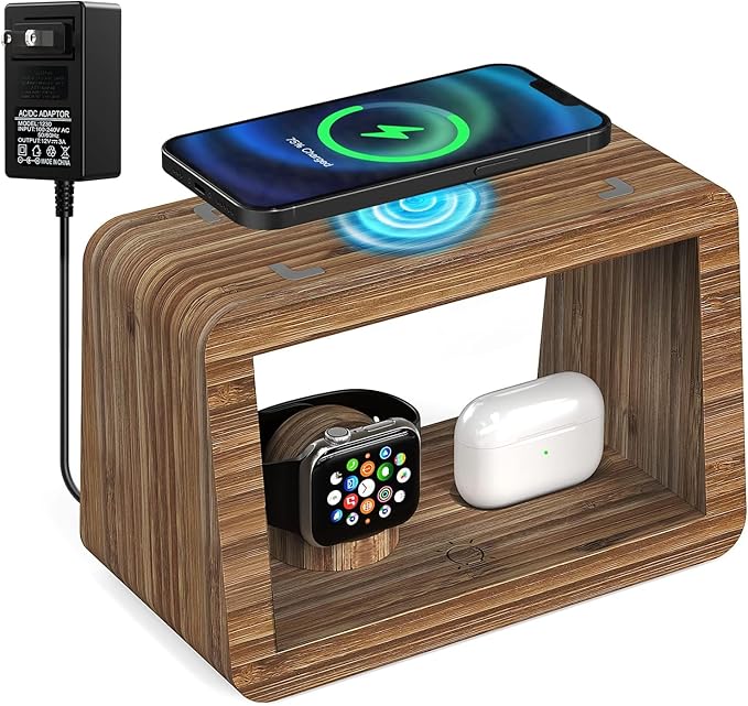 Bamboo Charging Station for Multiple Devices, 15W Fast Wireless Charger Night Light with 3 Color& 4 Adjustable Brightness, Night Stand Charger Station for iPhone/iWatch/AirPods (6953)