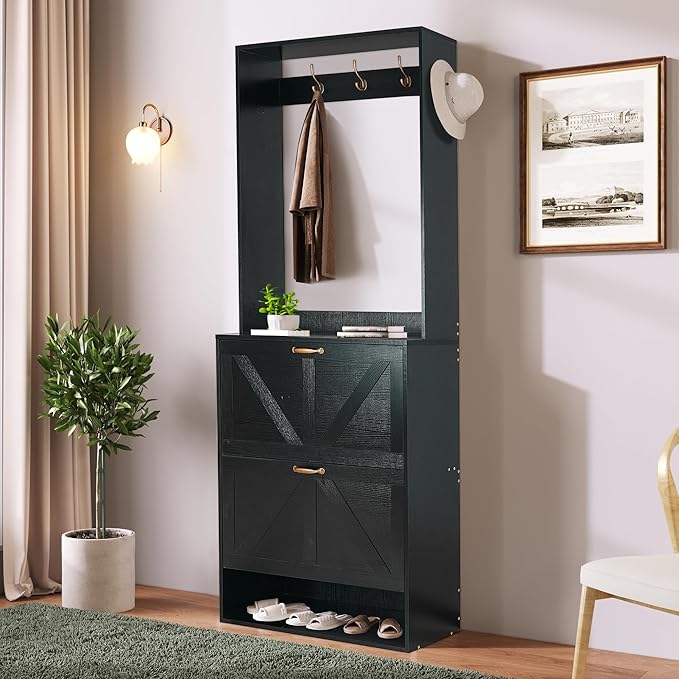 Betoko Hall Tree with Shoes Storage,Farmhouse Corner Coat Rack with 5 Coat Hooks, Wooden Entryway Tree Cabinet with 2 Shoes Cabinets for Hallway Mudroom, Black