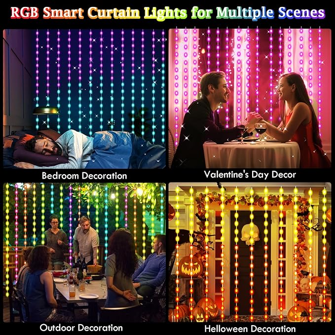 Smart Curtain Lights RGB Color Changing Christmas Curtain Lights, USB Powered with Remote/APP Control Curtain String Lights Waterproof for Backdrop,Bedroom,Window,Patio,Wedding,Decoration (8Ft x 6Ft)