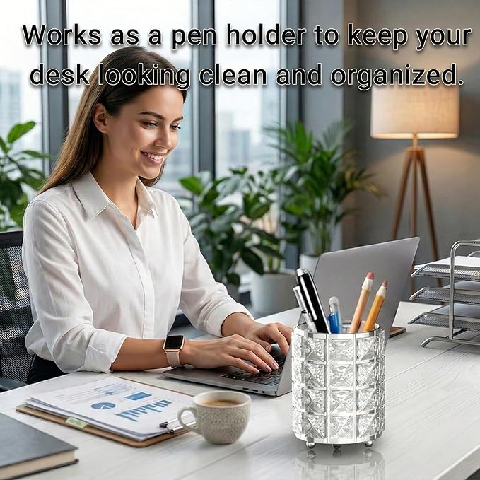 LUGUNU Makeup Brush Holder with Golden Silver Crystal Bling – Elegant Vanity Organizer for Brushes, Pens & Pencils, Ideal for Bathroom or Office Countertop(2Pack)