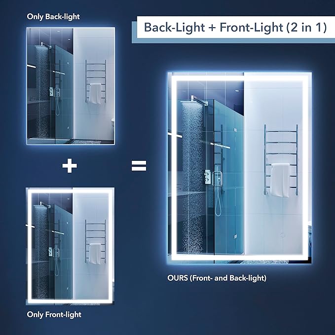 JONATHAN Y MIR100A-3648 Pax 36 in. W x 48 in. H Large Rectangular Frameless Antifog Front/Back-Lit Wall Bathroom Vanity Mirror with Smart Touch