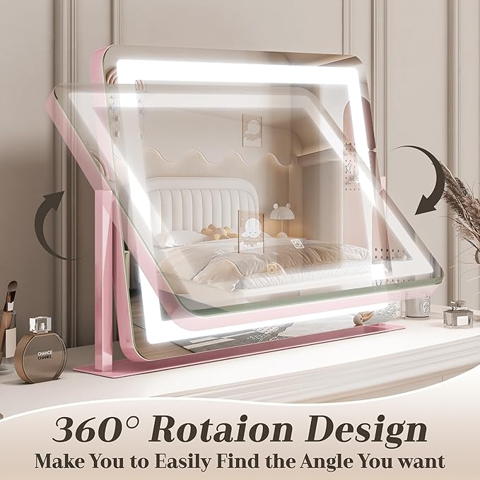 ROLOVE 22x16 Inch Pink Vanity Mirror with Lights，Dimmable LED Lights，3 Color Modes, Smart Touch Control，10X Magnification，Light up Makeup Mirror for Desk, Gift for Teen Girls
