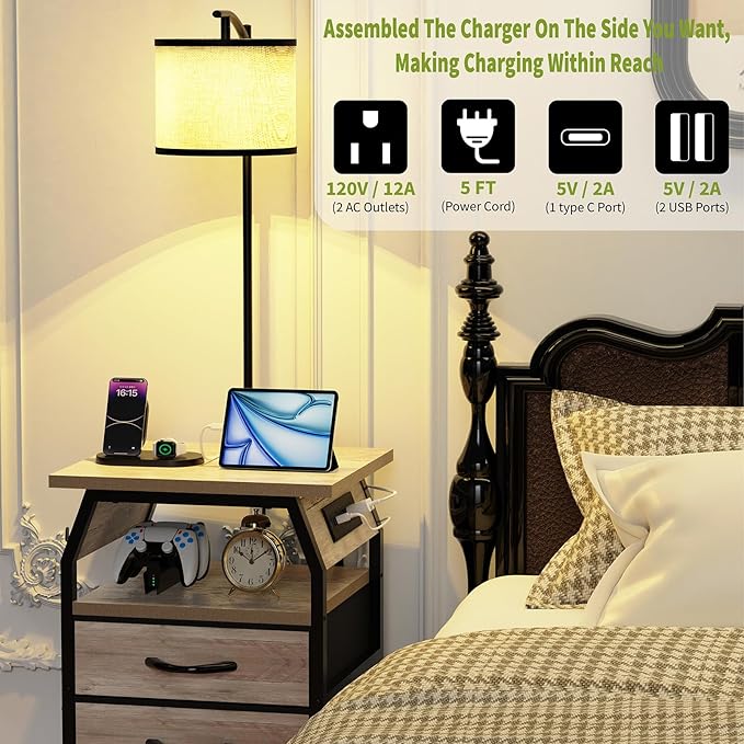 Floor Lamp with Table Set of 2, End Tables with Lamps Attached 3-Color Temperature Bulb, Side Table with Lamp with 3 Drawers & Charging, Lamps Tables Combo for Bedroom, Dorm Apartment - Greige