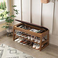 Shoe Rack Bench with Hidden Storage, 2-Tier Solid Rubberwood Entryway Bench with Soft Leather Cushioned Seat & Flip-Top Storage, 330lbs Capacity, Wooden Shoe Organizer for Hallway, Closet, Foyer