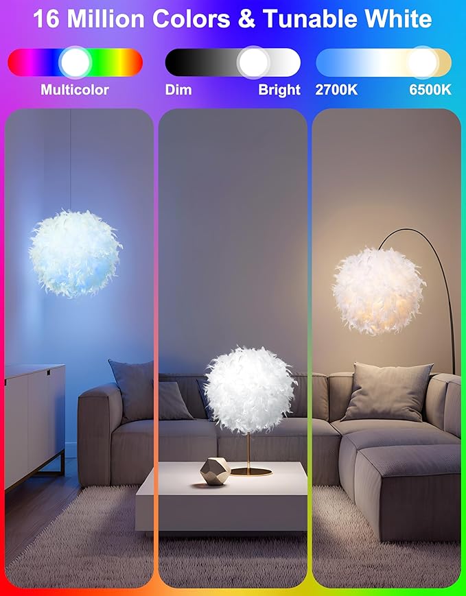 Feather Lamp Shade with Smart RGB Light Bulb, Built-in Bluetooth Speaker, Remote & APP Control, Fluffy Girl Room Decor, 600 Lumens, 15.7inches, White