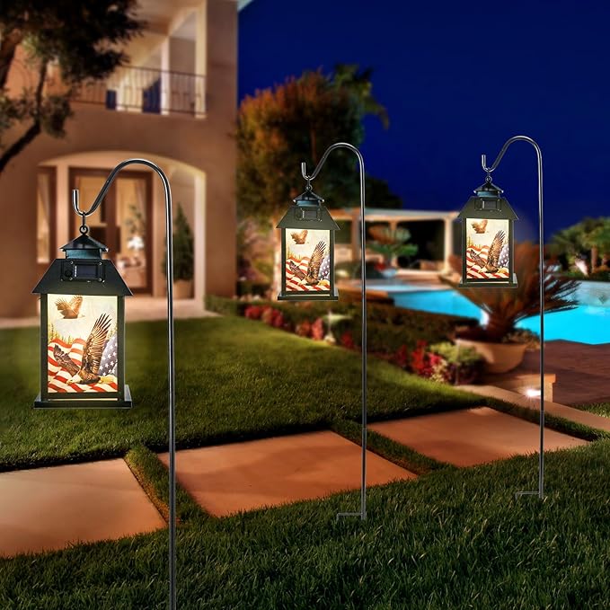 Afirst Solar Lantern Outdoor, Hanging Lights Decorative American Flag Outdoor Lighting Waterproof Umbrella Lights for Patio Garden, Table,Party Decor（Included Shepherd Hook）