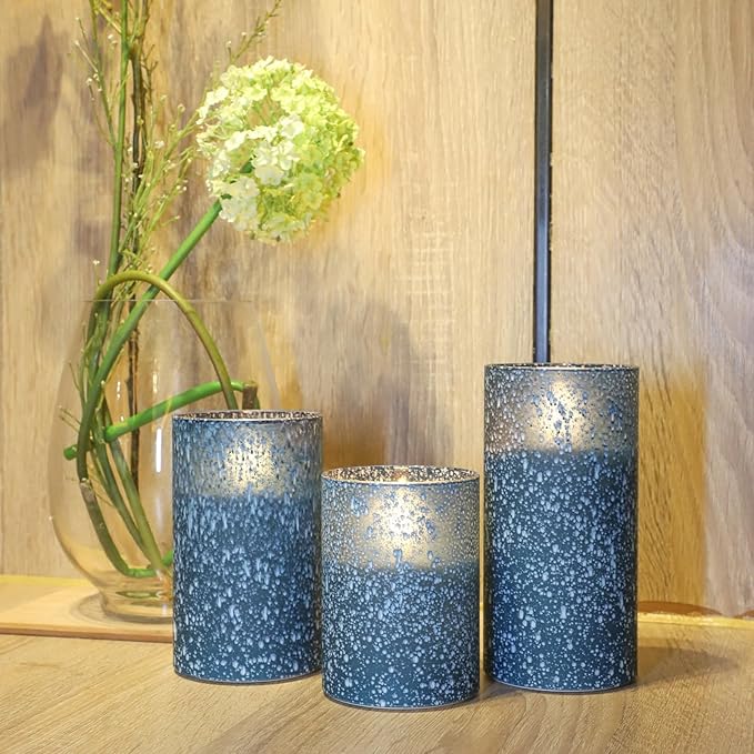Blue Flameless Candles with Remote, Real Wax Glass Battery Operated Candles with Timer, LED Pillar Candle for Bedroom Home Wedding Birthday Party Fall Halloween Christmas Decorations, Set of 3