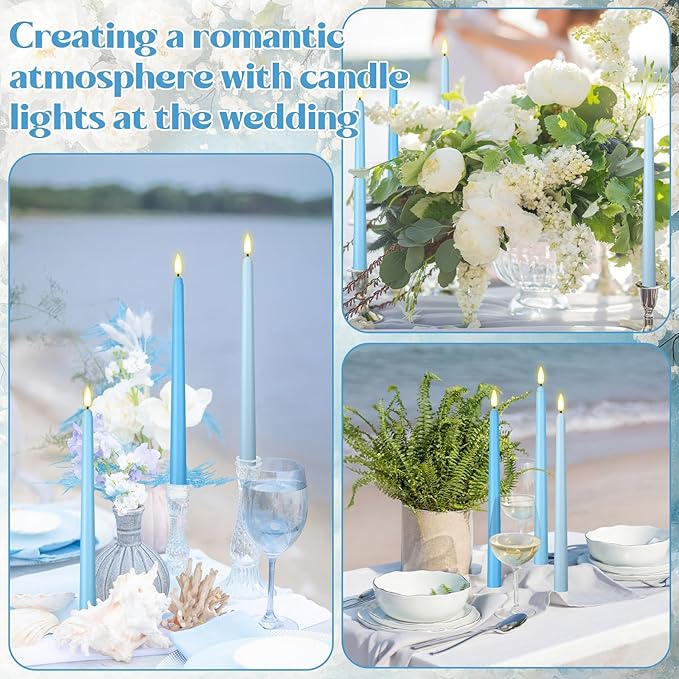 Macarrie 24 Packs Flameless Taper Candles Battery Operated Fake 11 Inch Long Candlelight LED Flameless Candlesticks Flickering Tapered for Spring Summer Wedding(Mixed Blue)