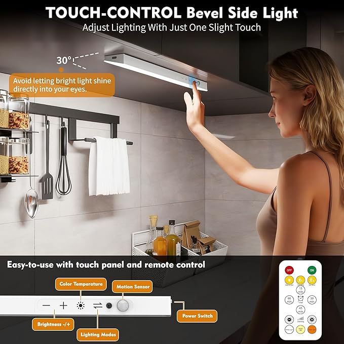 3Pack Touch Control Under Cabinet Lighting, 160LED Super Bright, 4000mAh Long-Lasting, Magnetic Rechargeable Motion Sensor Under Counter Lights for Kitchen, Closet, Remote, Dimmable, 3CC丨White