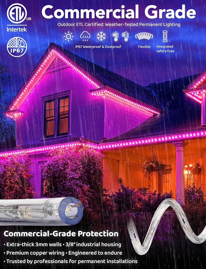 WYZworks 1656LEDs 150ft LED Outside Rope Lights, Outdoor ETL Certified Waterproof Permanent 360 Degree Light Emitting, Flexible Tube, Connectable, Christmas Palm Tree Exterior Landscape, Pink