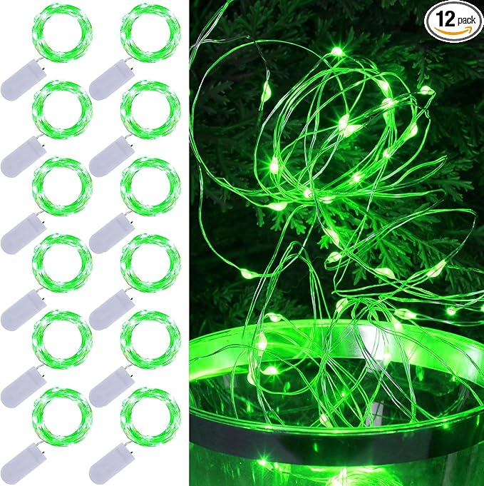 WATERGLIDE 12 Pack St. Patricks Day Fairy Lights Battery Operated (Included), 7 ft 20 LED Mini String Lights, Waterproof Silver Wire Firefly Starry Light for DIY Christmas Mason Jars Decor, Green
