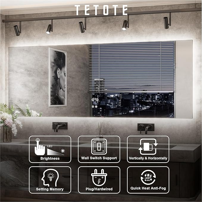 TETOTE 96 x 36 Inch LED Backlit Bathroom Mirror with Lights,Anti-Fog Lighted Mirror,Dimmable,Vanity Mirror,Wall Mounted