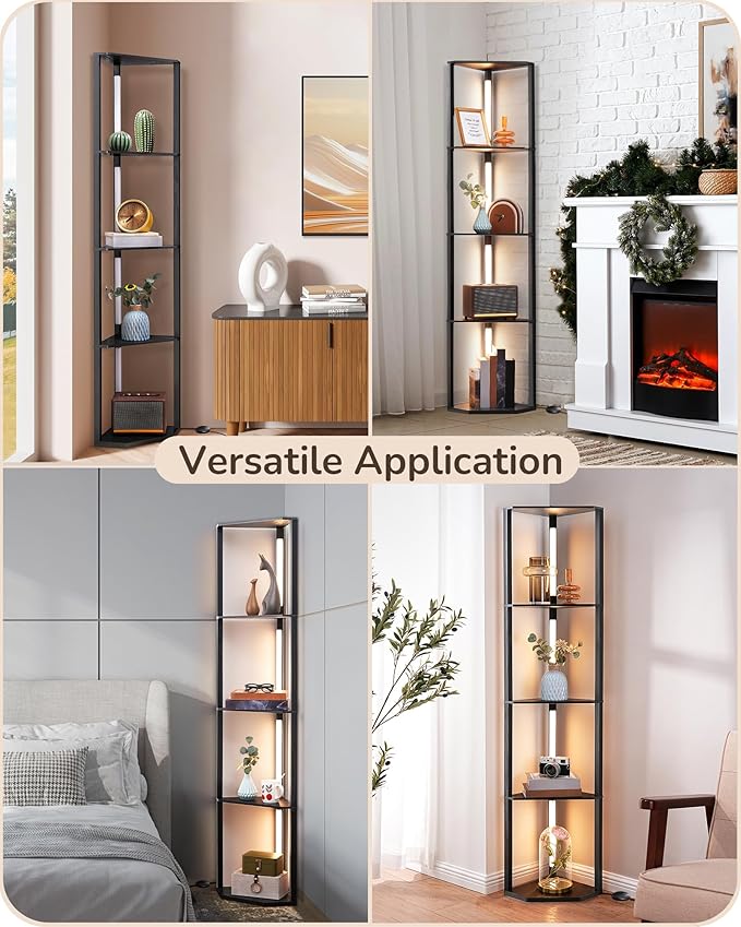 EDISHINE 64" Corner Display Shelf with Light, Modern Corner Floor Lamp with Shelves, 3CCT, Stepless Dimmable Standing Lamp for Living Room, Bedroom, Office, Dining Room, 3000K 4000K 5000K, Black