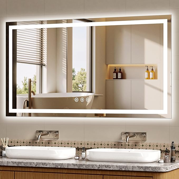 55x30 LED Bathroom Mirror with Lights - Dimmable, Anti-Fog, 3 Color Backlit & Front Lit Mirror for Bathroom, Shatter-Proof Tempered Glass, Easy Installation
