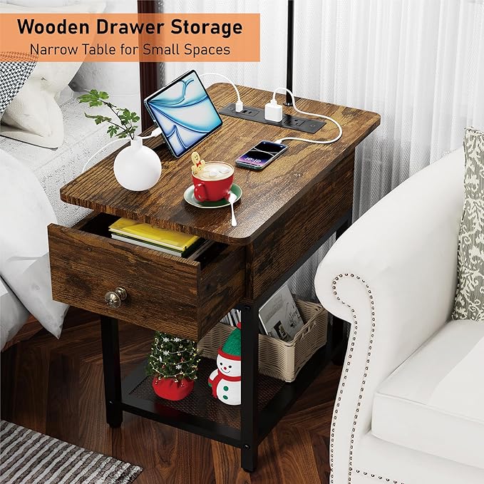 Floor Lamp with Table, Side Table with Lamp Attached, Narrow End Table with LED Lights and Charging Station, Nightstand with Wood Drawer for Living Room, Bedroom, Rustic Brown