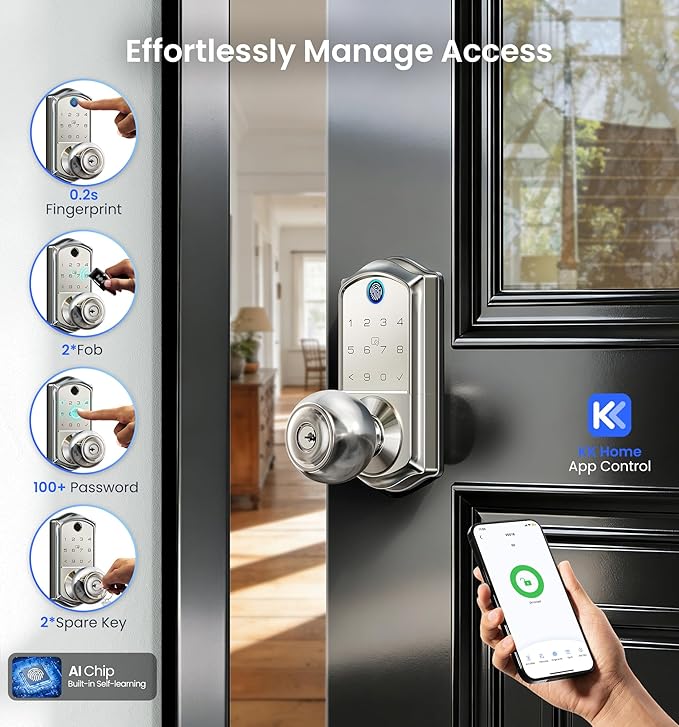 Veise VE018 Smart Knob Handle Lock - Fingerprint, App Control, Keyless Entry for Front Door and Bedroom, Electronic Digital Keypad, Auto Lock, Remote Access Sharing, IP55 Weatherproof, Satin Nickel