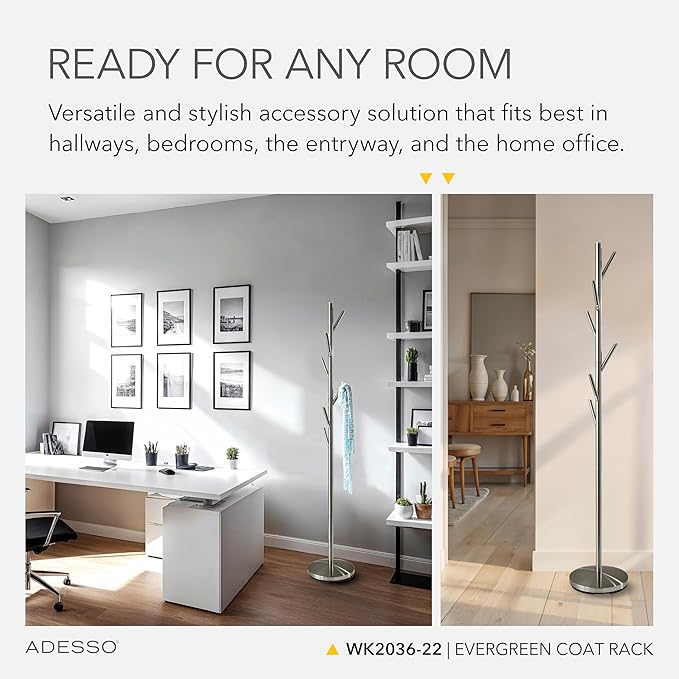 Adesso Evergreen Coat Rack with Brushed Steel Finish – Space-Saving Entryway Organizer Perfect for Coats, Bags, Purses and Hats – 6 Hooks, 67" Tall