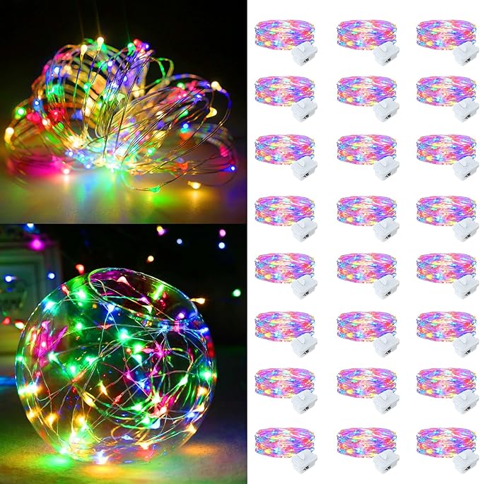 24 Pack Fairy Lights Battery Operated, 7ft 20 LED 3 Modes Speed Twinkle Mini String Lights Waterproof Silver Wire Firefly Starry Lights for Mason Jars Wedding Party Christmas Easter Decorations