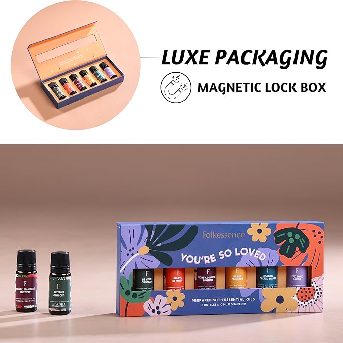Folkulture Floral Essential Oils Set | 6 Fragrance Oils Set for Diffusers | Rose, Jasmine & Patchouli | You’re So Loved Aromatherapy Gift Set for Her | Relaxing Home Scents