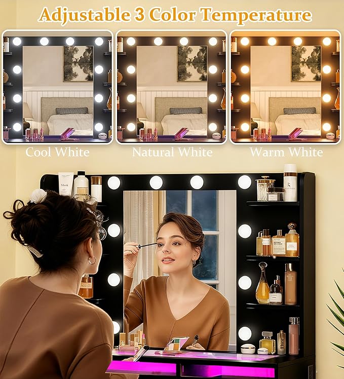 Vanity Desk with Mirror and Lights, Makeup Vanity Desk with Lights 3 Colors, Transparent Top Vanity with 2 RGB Drawers, 6 Shelves, Large Tempered Cabinet, Power Outlet, for Bedroom, Black