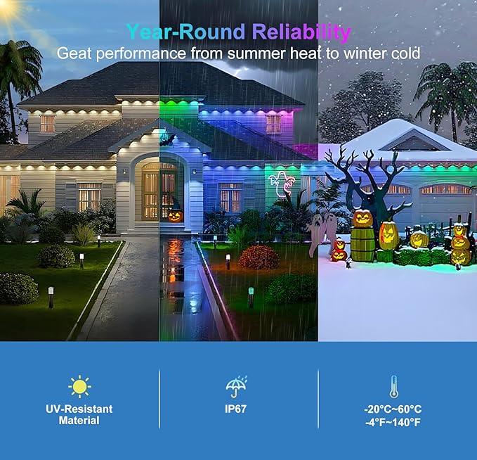 Aogled Permanent Outdoor Lights for House,50ft RGB+IC Smart Eave Lights with 30 LEDs,IP67 Waterproof,Remote/APP Control,DIY Scene Modes&Music Sync Lighting for Outdoor Christmas Decorations