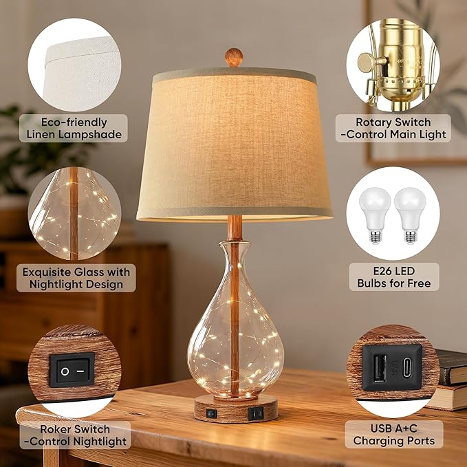 QiMH Farmhouse Table Lamps Set of 2 with Night Light, Mid Century Modern Bedside Lamps for Living Room, Glass Nightstand Lamp with USB A+C Ports, Rustic Vintage Table Lamp for Bedroom, Bulbs Included