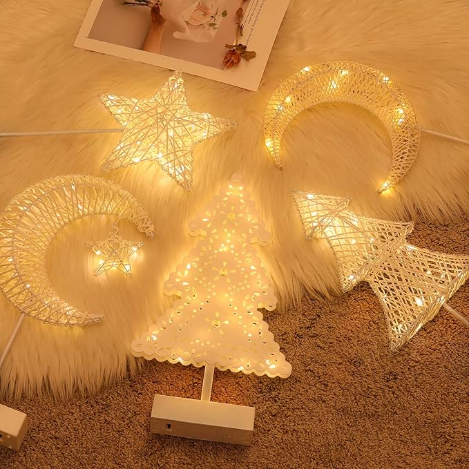 Lewondr Decorative Table Lamp, Christmas Star Night Lamp Winding Cotton Thread Warm LED Light Lamp for Bedroom, Battery Operated Lamp for Tables Cordless Xmas Home Romantic Bedside Table Lamp, White