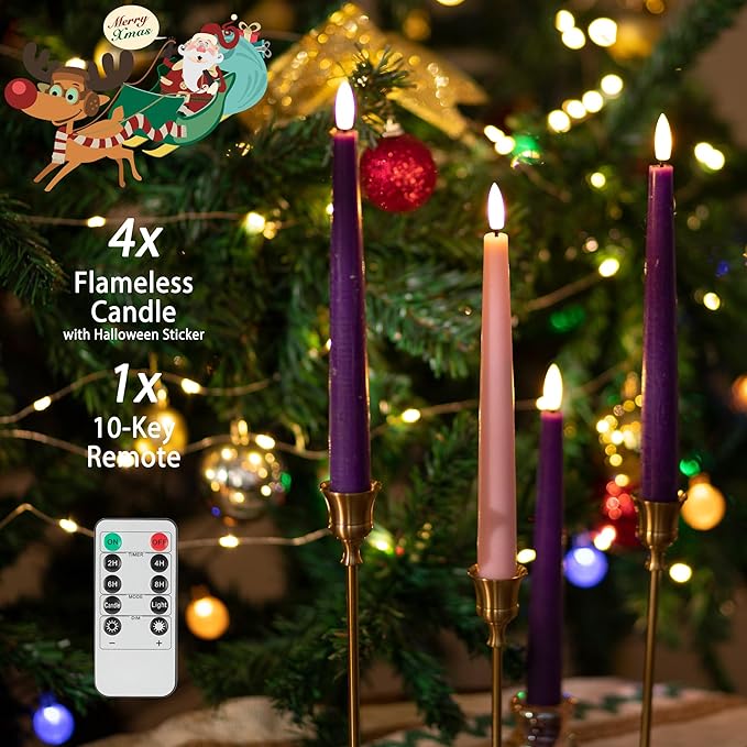 Flamelss Advent Candles, 9.6" Real Wax Flameless Taper Candles with Remote, 4 Pack Flickering LED Candle Battery Operated Candlesticks for Christmas, Catholic, Advent, Wreath, Purple and Pink