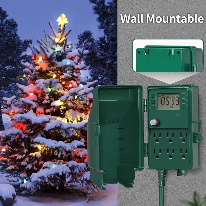 SURAIELEC Outdoor Power Stake, 7-Day Programmable Digital Timer, Power Strip Weatherproof, 6 Multi Plug Electrical Outlet Waterproof, 6 ft Extension Cord, for Outside Yard Light, Christmas Decorations