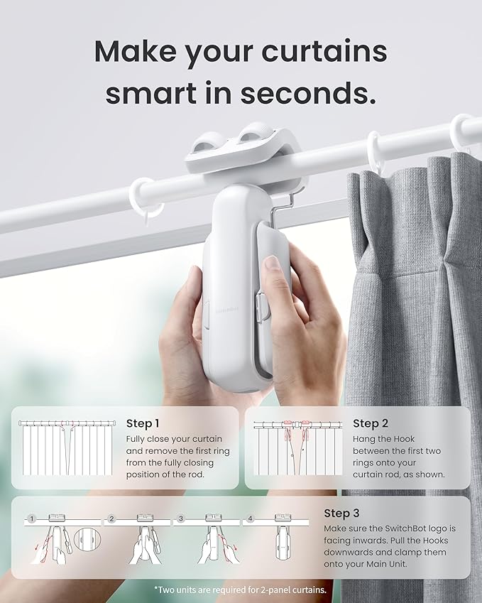 SwitchBot 2025 Automatic Curtain Opener 3 Rod-Bluetooth Remote Control, WiFi&Smartphone Control, Upgraded High-Performance, Add Hub to Work with Alexa, Google Home, HomeKit