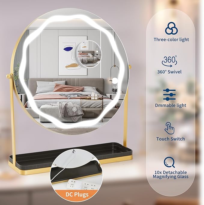 IDEALHOUSE Mirror with Lights, Three Color Adjustable LED Lighting, Removable Storage Case, 360° Rotation, Smart Touch Controls, Suitable for Desks/Bedrooms, Easy Assembly, Gold