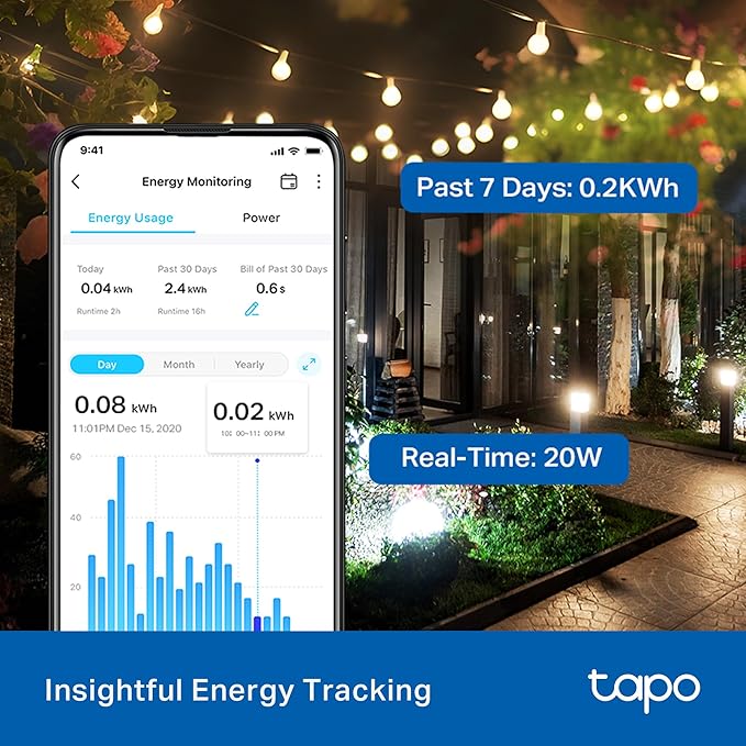 Tapo Outdoor Smart Dimmer Plug for Outdoor Lights, Matter, Energy Monitoring, App Control, IP65 Weather Resistant, Works with Siri, Alexa, Google, ETL Certified, 150WLED/CFL, 2.4GHZ WiFi Only, P430M
