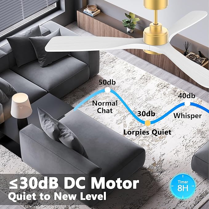 52 Inch Wood Smart Ceiling Fans with Lights Remote,Voice Control via WIFI Alexa App,Quiet DC Motor,Outdoor Indoor Ceiling Fan,Dimmable,Modern Gold White Lighting & Ceiling Fan for Bedroom Patio Porch