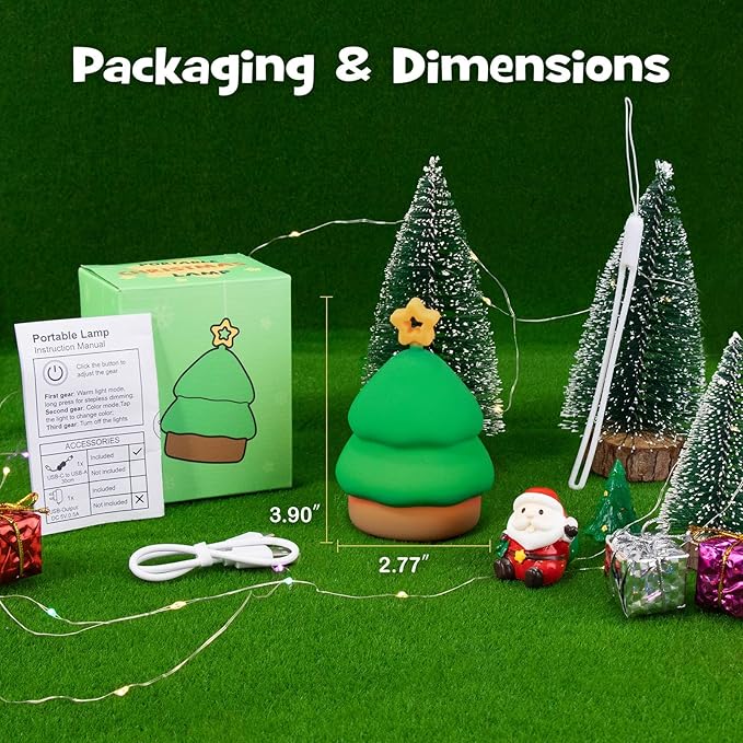 Squishy Christmas Tree Night Light with RGB Modes Dimmable Nursery Breastfeeding Nightlight Hangable Cute Christmas Lamp Novelty Rechargeable Silicone Touch Bedside Lamp for Bedroom Dorm Decor
