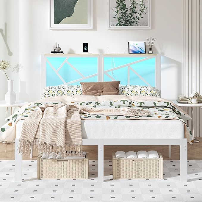 Queen White Metal Bed Frame with USB Charging Station, LED Ambient Lighting, and Wooden Storage Headboard - Includes Under-Bed Storage, No Box Spring Needed, Noise Free, Easy to Assemble