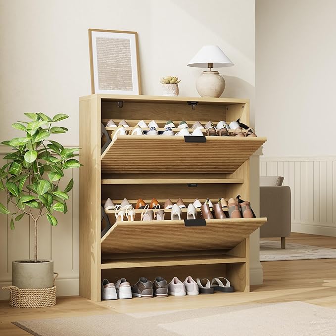 Garvee Shoe Storage Cabinet for Entryway, Fluted Shoe Cabinet with 2 Flip Drawers Doors, 32" Wide Hidden Shoe Rack Tall Freestanding Shoe Organizer for Entrance, Hallway, Living Room, Natural