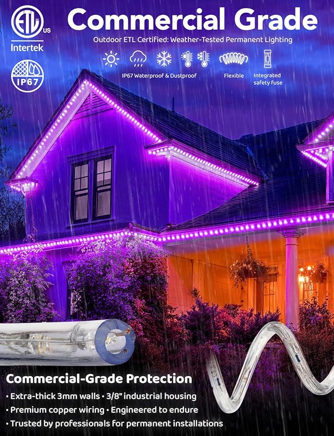WYZworks 288LEDs 25ft LED Outside Rope Lights, Outdoor ETL Certified Waterproof Permanent 360 Degree Light Emitting, Flexible Tube, Connectable, Christmas Palm Tree Exterior Landscape, Purple