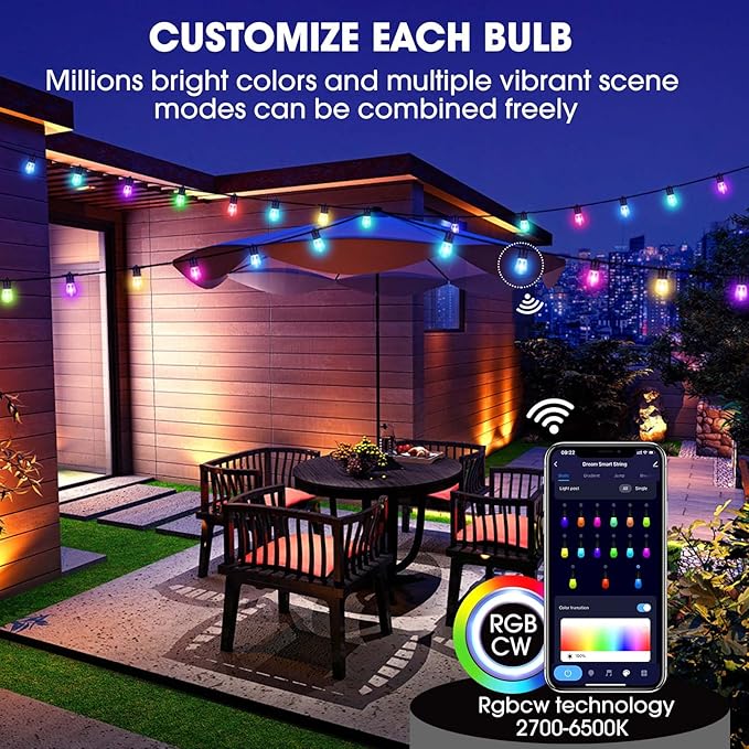 Upgrade 100ft Outdoor String Lights,Smart RGB Christmas LED Lights Work with Alexa, Waterproof Outside Patio String Lights with 30 Dimmable LED Bulbs,Color Changing Outdoor Lights with App & Remote