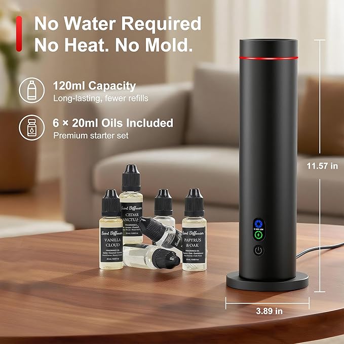 Waterless Diffuser, 1000 Sq.Ft Coverage, Essential Oil Diffuser– Plug-in Only, Remote Control, Adjustable Mist Mode, Mood Lights Aromatherapy Diffuser for Home, Large Room, Office, Hotel, Black