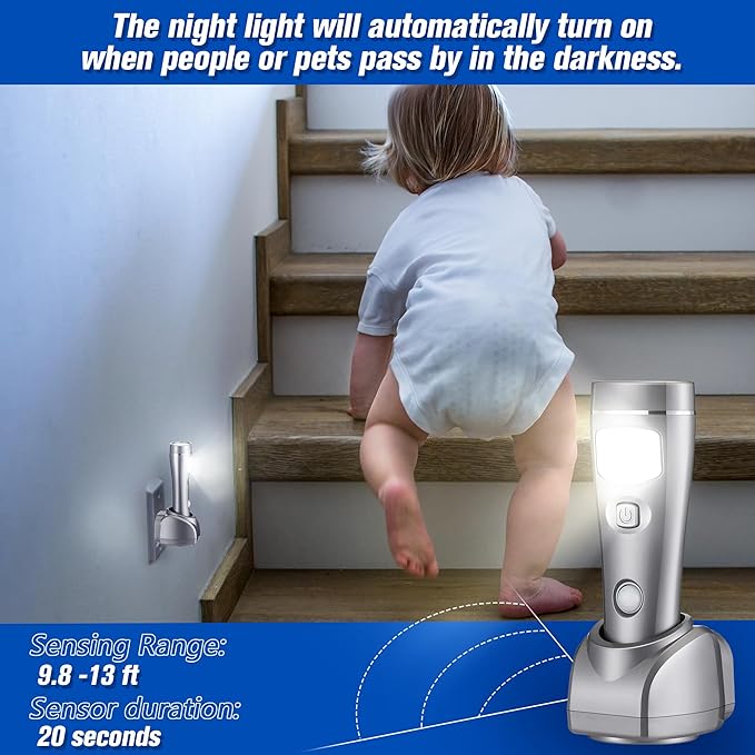 Enhon 6 Pack 4 in 1 LED Emergency Lights for Home Power Failure, Rechargeable Plug in Flashlight Motion Sensor Night Light, Automatic Turn On Power Outage Light for Home Hurricane Supplies (Silver)
