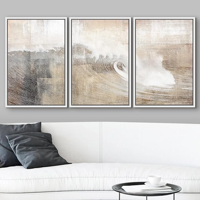 wall26 Framed Canvas Print Wall Art Set Gray & Tan Color Block Ocean Wave Overlay Nature Wilderness Digital Art Modern Art Rustic Scenic for Living Room, Bedroom, Office - 16"x24"x3 White