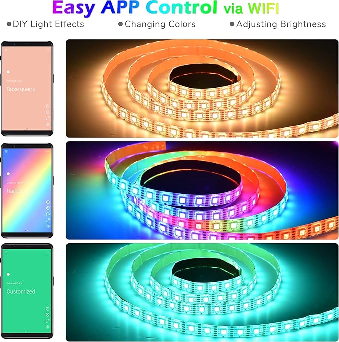 Yescom APP Control LED Strip Light 6.6ft Music Sync Color Changing WiFi Smart 60 LEDs Ambient Lamp Compatible with Alexa & Google Assistant for Bedroom Gaming Room