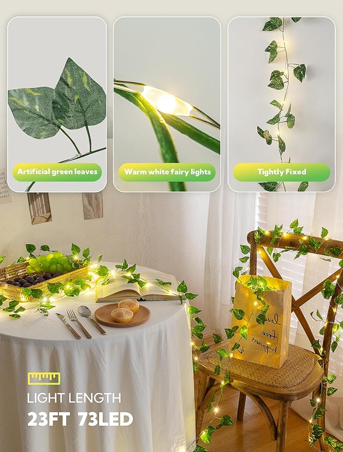 woohaha Vine with Fairy Lights,23ft 73LED Ivy String Light with Battery Operated,Leaf Light for Bedroom, Room, Wall, Garden, Party, Wedding Decor (Warm White)