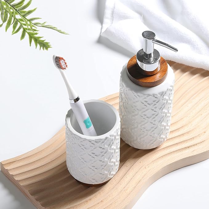 RQYIXI Elegant 4 PCS Ceramic&Wood Bathroom Accessories Set:Soap Dispenser,Toothbrush Holder,Tumbler,Soap Dish,Easy to Clean,Quatrefoil Pattern,White-Affordable Luxury for Home Decor Enthusiasts